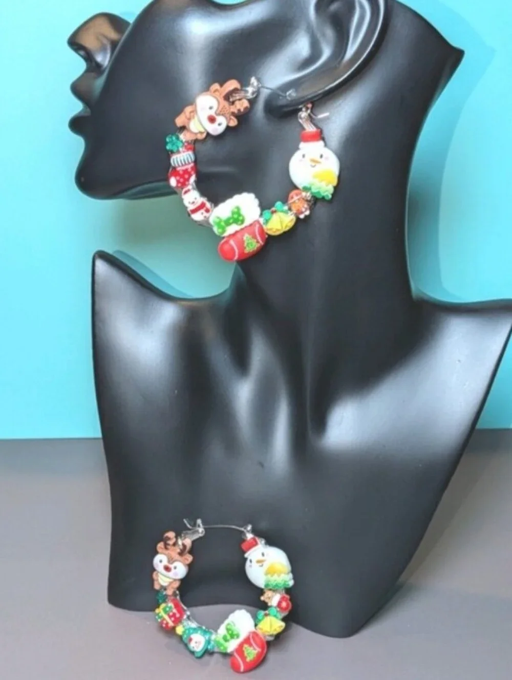 Hand Crafted Festive Holiday Charm Hoop Earrings - Red, Green, White, Yellow
